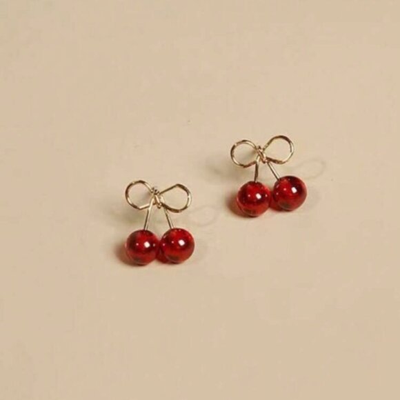Anthropologie Jewelry - Petite Cherry Bow Earrings in Red & Gold